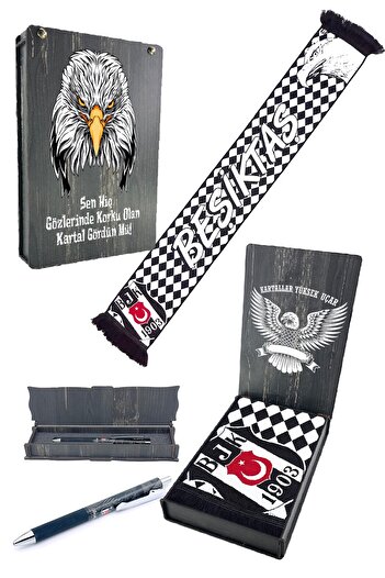 Beşiktaş Оригінальний тканий шарф + набір ручок-фломастерів у подарунковій дерев'яній коробці