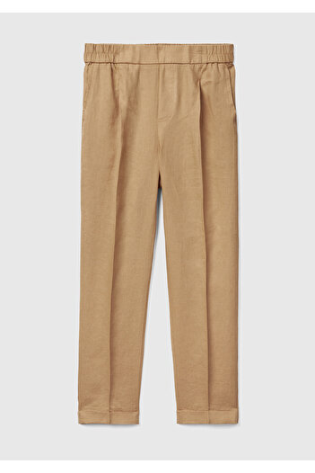 United Colors of Benetton Women's Tan 100% Linen Elastic Waist Trousers