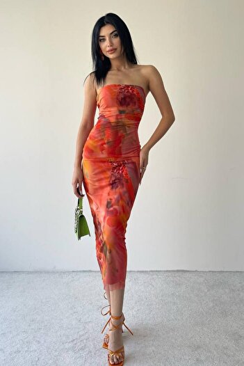 lovebox Women's Tulle Fabric Digital Print Strapless Collar Orange Tie-Dye Pattern Lined Midi Evening Dress 221