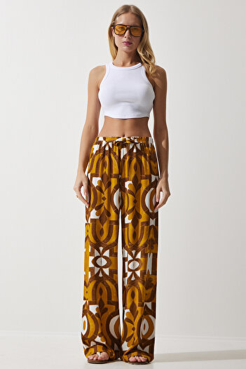 Happiness İstanbul Senfgelbe Palazzo-Hose aus fließender Viskose für Damen, gemustert, EN00606