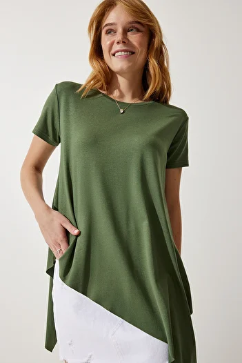 Happiness İstanbul Khaki Viscose Asymmetrical Women's T-shirt - En00599