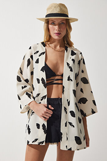 Happiness İstanbul Dámské béžové černé vzorované plátěné viskózové kimono BH00381