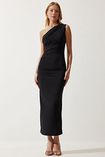 Happiness İstanbul Rochie Saran Sandy, neagră, cu un singur umăr, DZ00117