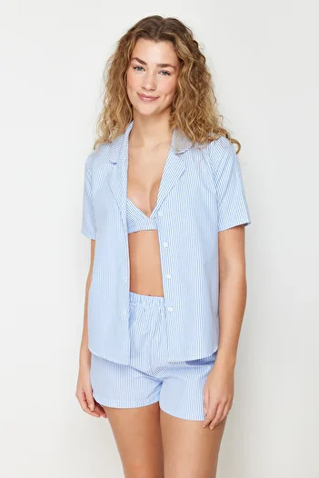Trendyol Collection Set de pijamale țesute albastru, 3 pachete, cu curea cu frânghie, poplin, cămașă, pantaloni scurți THMSS24PT00121