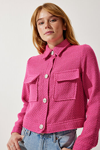 Happiness İstanbul Women's Pink Stylish Buttoned Woven Tweed Jacket with Pockets WF00063