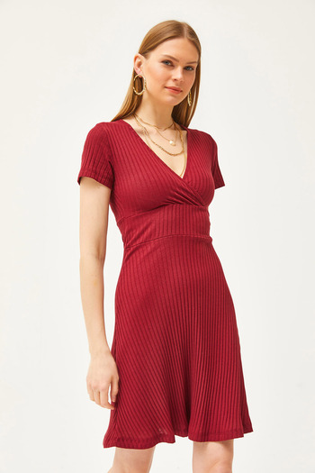 Olalook Women's Burgundy Double Breasted Collar Short Sleeve Mini Flared Dress ELB-19002059