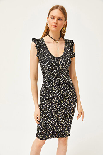 Olalook Women's Stone Black V-Neck Shoulder Ruffle Crystal Viscose Dress ELB-19002060