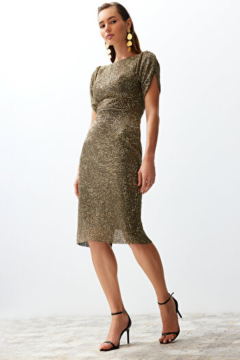 Trendyol Collection Gold Body-Hugging Glitter Knitted Sequin Stylish Evening Dress Night Graduation Dress Tprss24El00108