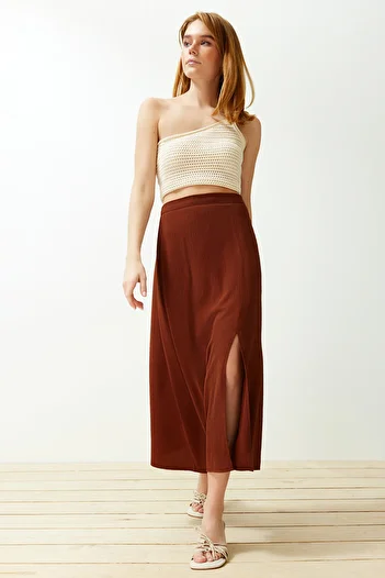 Trendyol Collection Tile Textured Fabric Slit Detailed Woven Midi Skirt TWOSS24ET00127