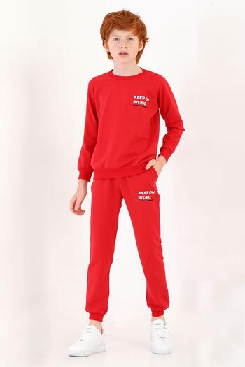 zepkids Crew Neck Long Sleeve Keep On Rıng Printed Red Color Boy's Tracksuit Set
