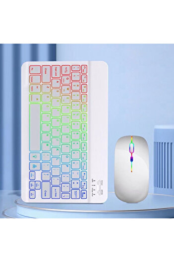 Alfa MEC Ipad 9. 8. 7. Nesil 10.2" 2021 Uyumlu Aydınlatmalı Işıklı Kablosuz Bluetooth Klavye+mouse rgb-set
