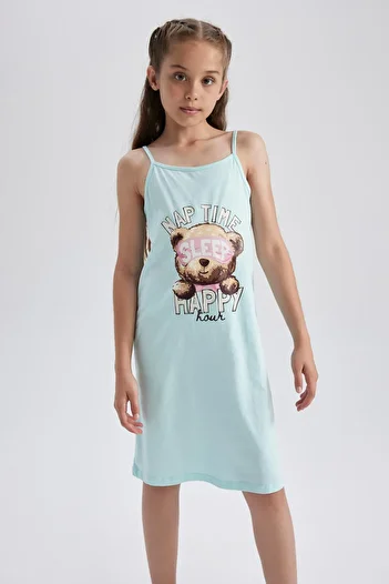 DeFacto Girl's Regular Fit Teddy Bear Printed Strappy Cotton Nightgown