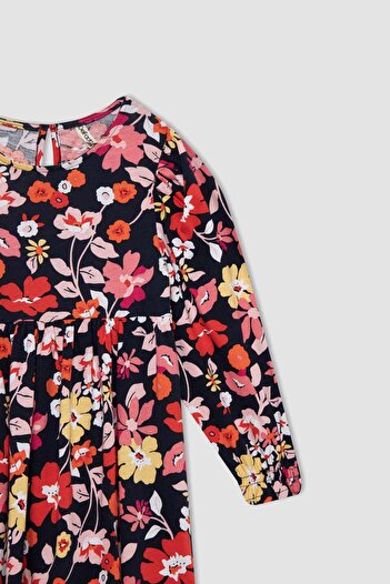 DeFacto Girl's Floral Crew Neck Long Sleeve Combed Cotton Dress Z1237a622wn