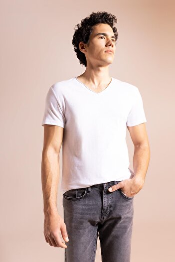 DeFacto Slim Fit V-Neck Basic Short Sleeve 100 Cotton T-Shirt M4791az23sm