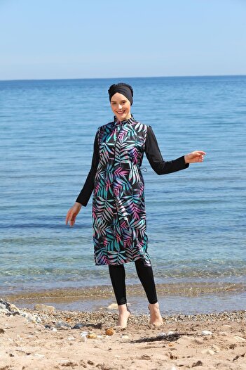 SEBOTEKS Digital Printed Long Gilet Model Closed Hijab Swimsuit