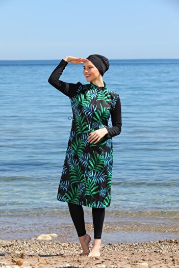 SEBOTEKS Digital Printed Long Gilet Model Closed Hijab Swimsuit 3478