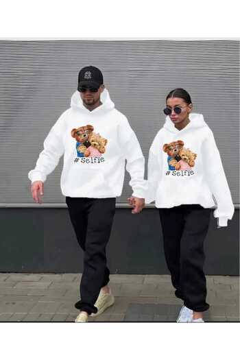 PERISENSE Unisex Γυναικεία Ανδρικά Teddy Bear Selfie με κουκούλα Lover Couple Σετ φόρμας 2 τεμαχίων στο κάτω μέρος