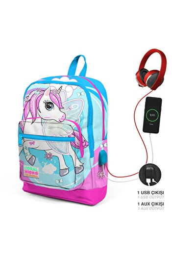 Coral High Синій набір шкільного та харчового рюкзака Unicorns з USB-роз'ємом