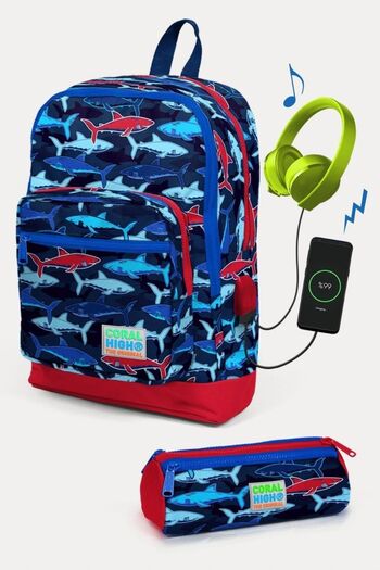 Coral High Детський комплект шкільних рюкзаків з USB-накопичувачем, 2 шт., синьо-червоний, з малюнком акули - для хлопчиків