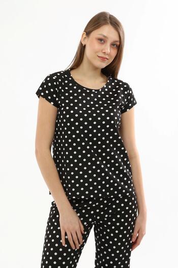 Miss Murem Patterned Short Sleeve Pajama Set - Polka Dot Black