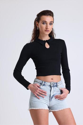 Miss Murem Shirt Collar Drop Detail Blouse-BLACK
