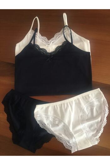 LEYNA BUTİK Women's Ecru-Navy Blue 2 Piece Thread Strap Athlete Panties Set
