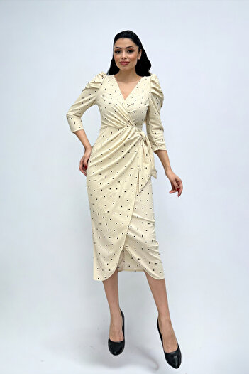 giyimmasalı Φόρεμα Crepe Fabric Πουά Λεπτομερές Μολύβι - ΚΡΕΜ