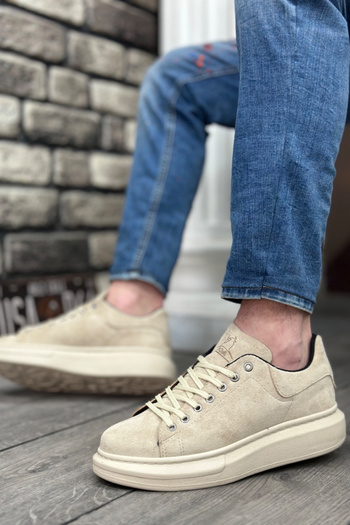 BOUIS Încălțăminte pentru bărbați, piele de căprioară, crem, pantofi sport casual, pantofi sport cu talpă înaltă și groasă