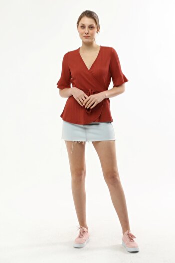 Miss Murem Double Breasted Collar Tied Seersucker Blouse-tile
