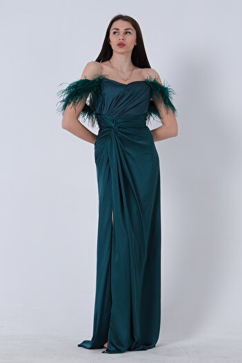 Feminist Teared Otrish Sleeve Crepe Satin Evening Dress Emerald9705210