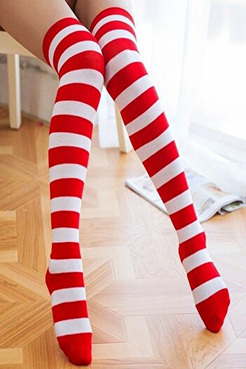 TİSTA Red White Striped Cotton Knee High Socks for Women
