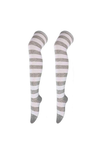 TİSTA Women's Gray White Striped Quality Cotton Knee High Socks
