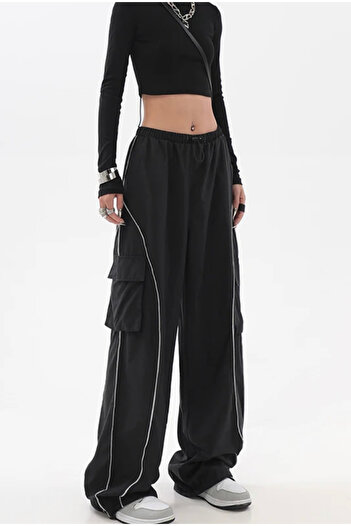 Köstebek White Stripe Cargo Pocket Parachute Fabric Jogger Sweatpants Trousers