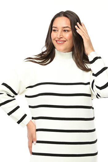 Ebsumu Women's Plus Size Striped Loose Knitwear White Dress