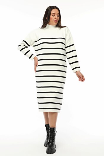Ebsumu Women's Plus Size Striped Loose Knitwear White Dress