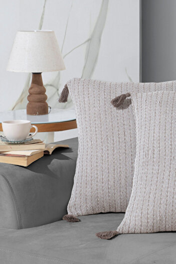 Lux Touch Vera Brown 45x45 cm Μαξιλαροθήκη με φερμουάρ Φούντα Σετ 2 Μαξιλαριών Πομπον