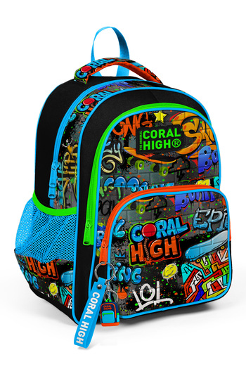 Coral High Kids Black Blue Graffiti Patterned Three Compartment School Backpack 14415