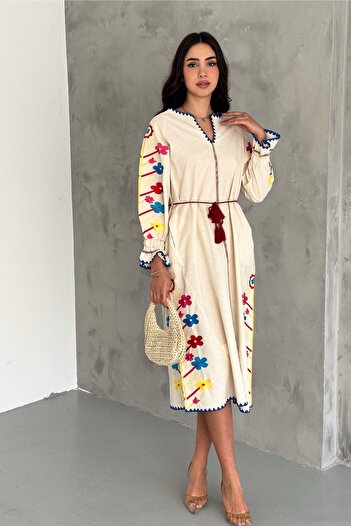 FEMELLE Women's Beige Tasseled Flower Embroidery Embroidered Vintage Dress