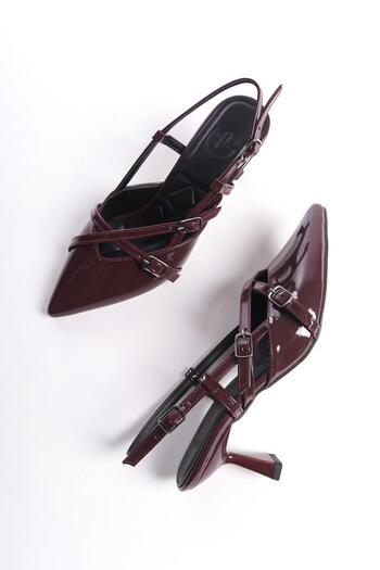 Modabuymus İkparS Mary Jane Claret Red Patent Leather Two-Strap Stiletto Pointed Short Heeled Shoes