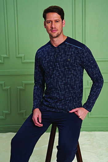 BSM High Quality Navy Blue Men's Pajama Set - Oversize Long Sleeve, Buttoned Collar