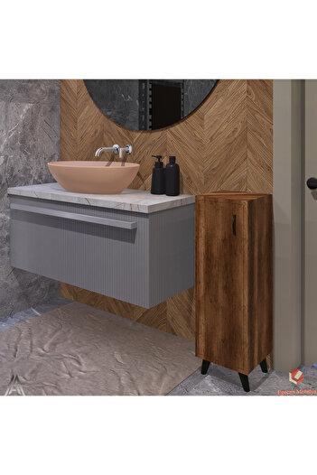 Egecan Mobilya Ceviz Tek Kapaklı 3 Raflı Banyo Dolabı Havlu Dolabı Sabunluk Kiler Dolabı Erzak Dolabı Ekmek Dolabı