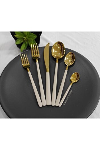 BRONDOFF Lilyum 36 Piece Beige Titanium Gold Fork Spoon Knife Set