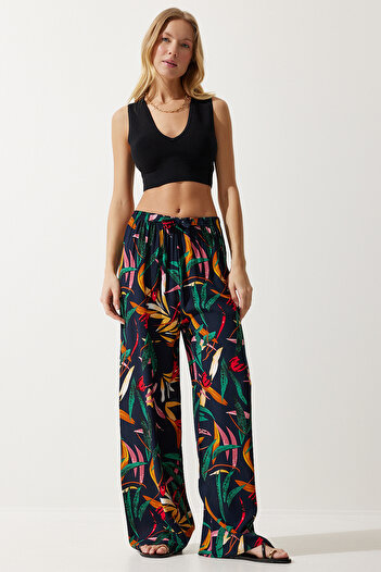Happiness İstanbul Women's Navy Blue Yellow Patterned Flowing Viscose Palazzo Trousers EN00606