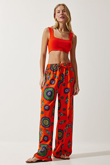 Happiness İstanbul Women's Orange Purple Patterned Flowing Viscose Palazzo Trousers EN00606