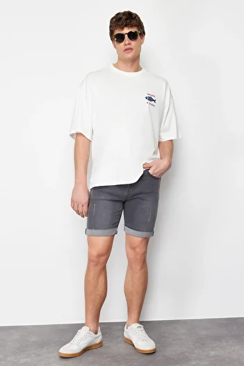 Trendyol Collection Grey Slim Fit Denim Jeans Shorts with Rake Destroyed - Tmnss21Sr0727
