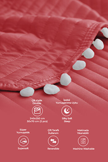 Evlen Home Pompom Double Quilted 100% Cotton Bedspread (Pique) Set Red/Gray