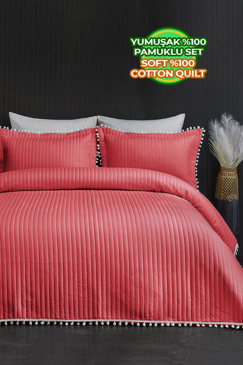 Evlen Home Pompom Double Quilted 100% Cotton Bedspread (Pique) Set Red/Gray