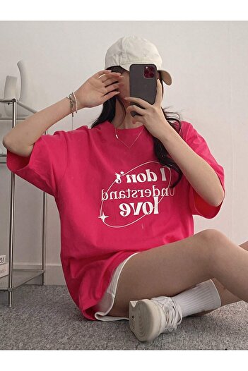 Benisengiydir Love Printed Oversize Pink T-Shirt