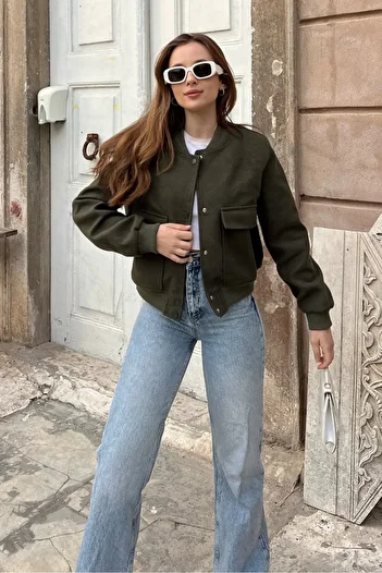 Bianco Lucci Women's Big Pocket Stamp Bomber Jacket