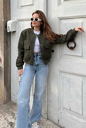 Bianco Lucci Women's Big Pocket Stamp Bomber Jacket